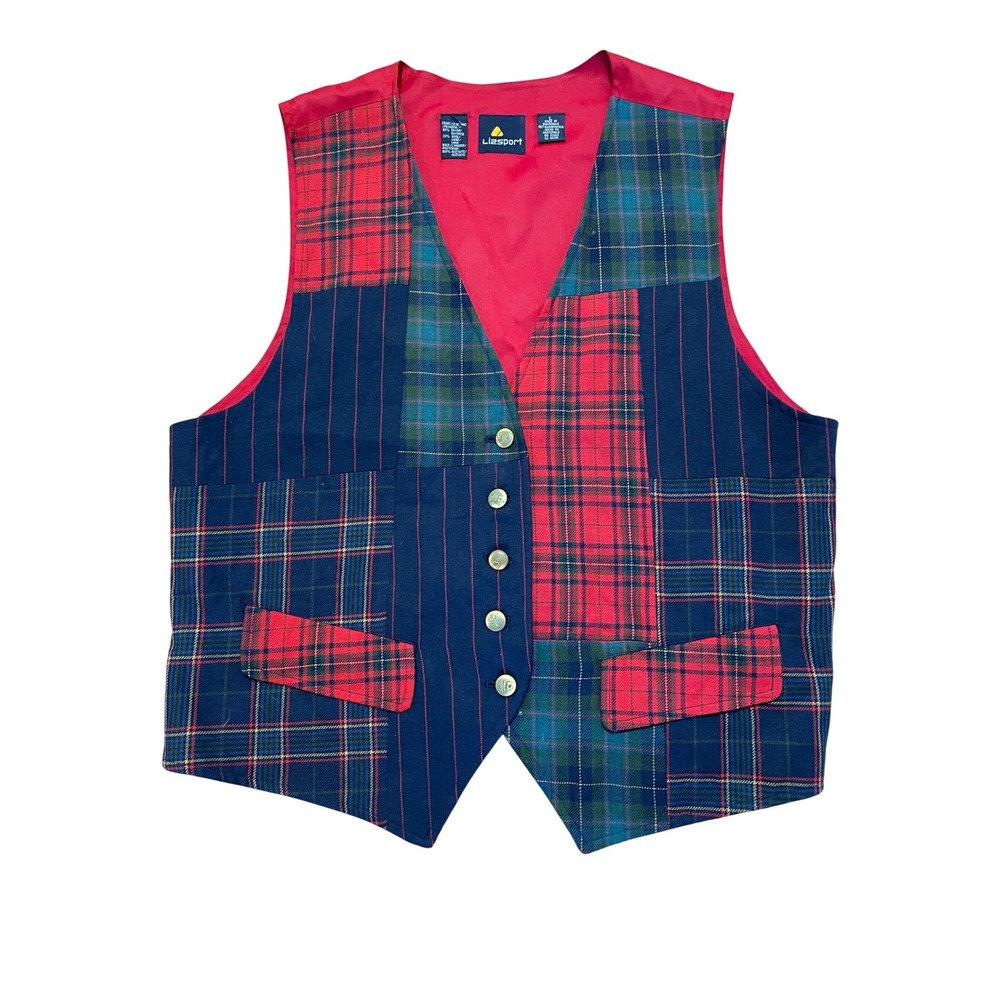 Vintage Liz Sport Plaid Patchwork Vest Wool Blend Preppy‎ Academia 90s Large EUC